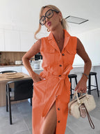 Women's Sleeveless Long Button-Front Tie-Waist Denim Dress