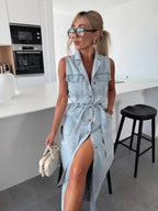 Women's Sleeveless Long Button-Front Tie-Waist Denim Dress