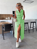 Women's Sleeveless Long Button-Front Tie-Waist Denim Dress