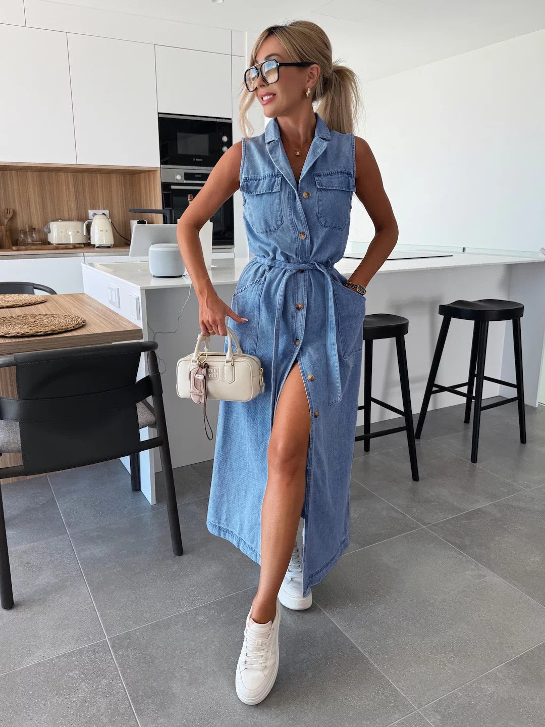 Women's Sleeveless Long Button-Front Tie-Waist Denim Dress