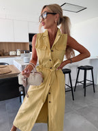 Women's Sleeveless Long Button-Front Tie-Waist Denim Dress
