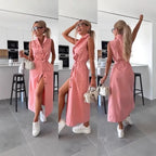 Women's Sleeveless Long Button-Front Tie-Waist Denim Dress