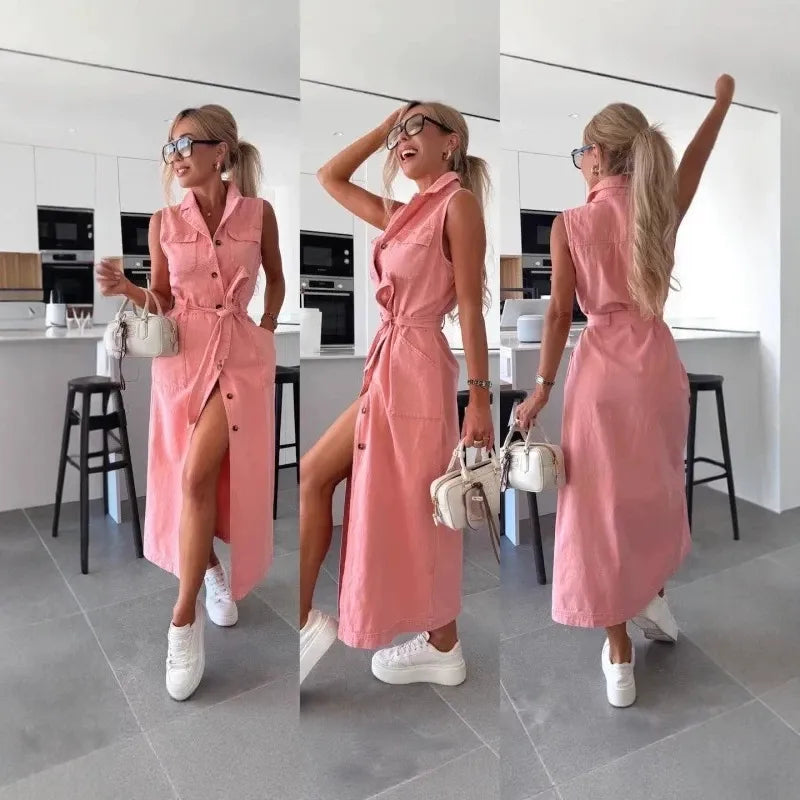 Women's Sleeveless Long Button-Front Tie-Waist Denim Dress