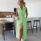Women's Sleeveless Long Button-Front Tie-Waist Denim Dress