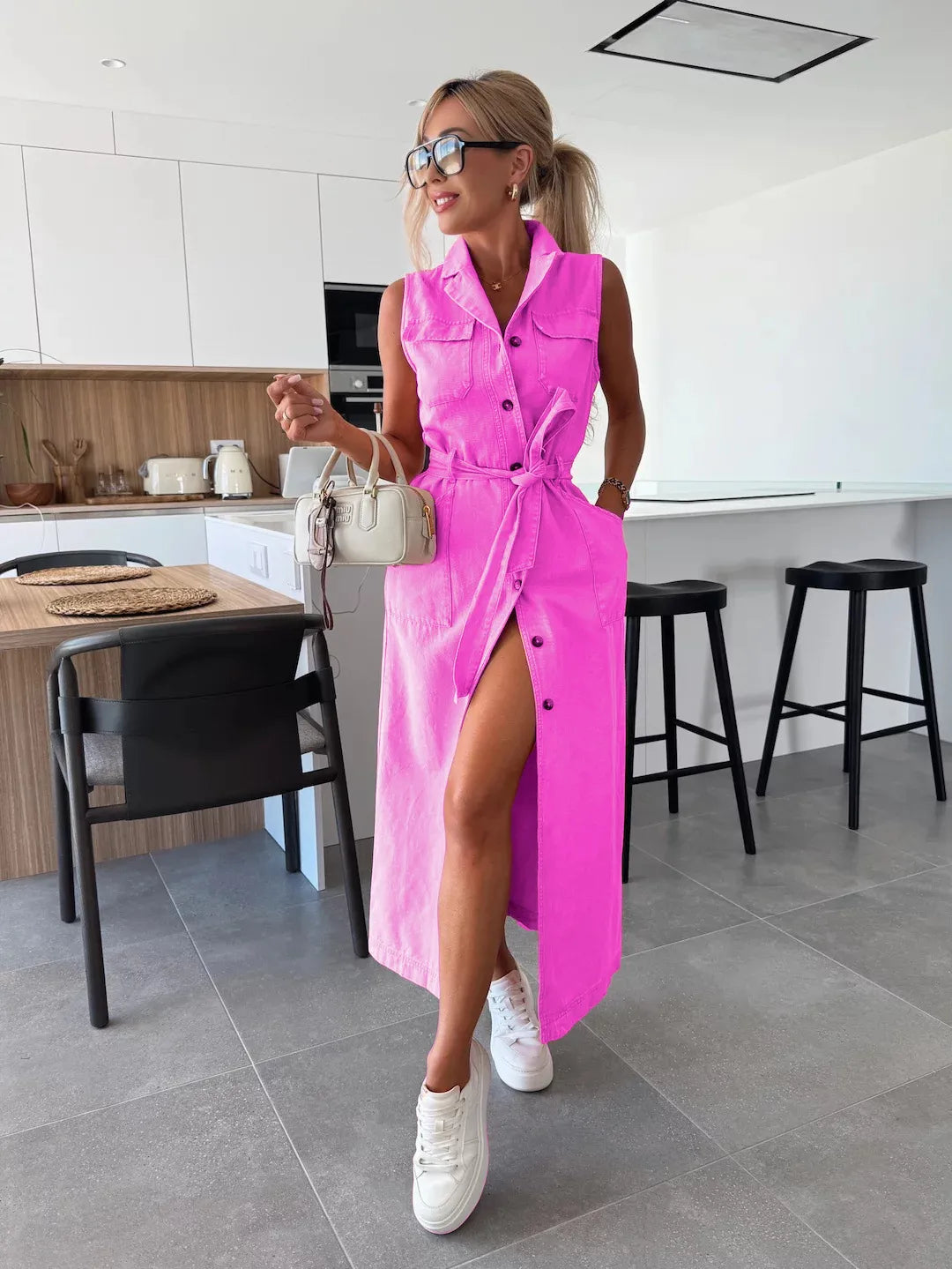 Women's Sleeveless Long Button-Front Tie-Waist Denim Dress