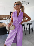 Women's Sleeveless Long Button-Front Tie-Waist Denim Dress