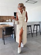 Women's Sleeveless Long Button-Front Tie-Waist Denim Dress
