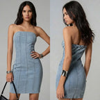 Women's Sleeveless Strapless Washed Denim Bodycon Mini Dress