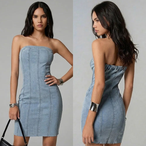 Women's Sleeveless Strapless Washed Denim Bodycon Mini Dress