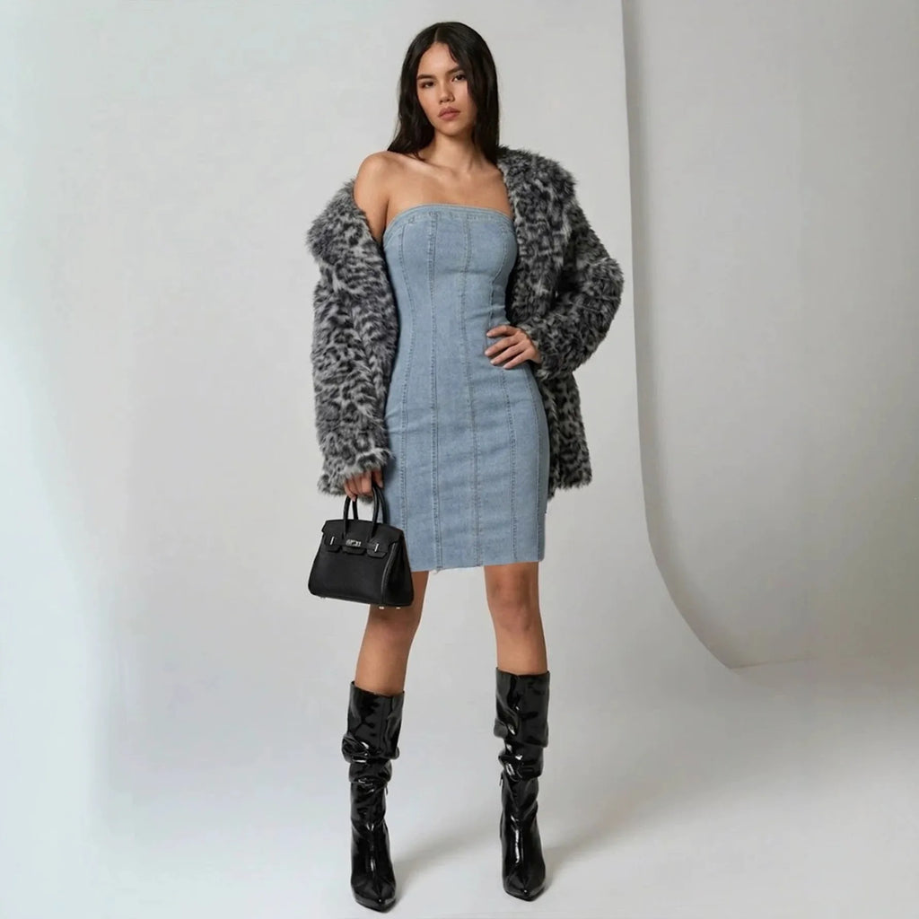 Women's Sleeveless Strapless Washed Denim Bodycon Mini Dress