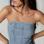 Women's Sleeveless Strapless Washed Denim Bodycon Mini Dress