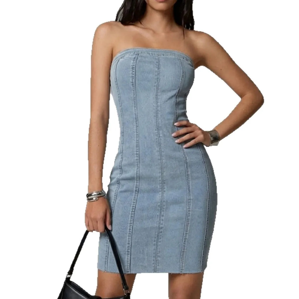 Women's Sleeveless Strapless Washed Denim Bodycon Mini Dress