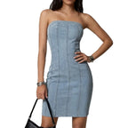 Women's Sleeveless Strapless Washed Denim Bodycon Mini Dress