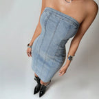 Women's Sleeveless Strapless Washed Denim Bodycon Mini Dress