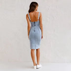 Women's Sleeveless U-Neck Distressed Denim Bodycon Midi Dress