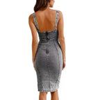 Women's Sleeveless U-Neck Distressed Denim Bodycon Midi Dress