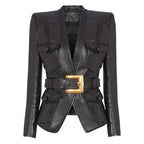 Women's Slim Fit Belted Faux Leather Motorcycle Jacket