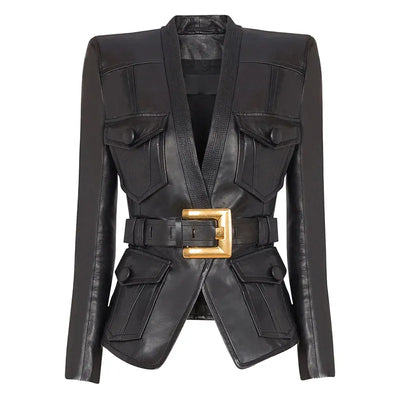 Women's Slim Fit Belted Faux Leather Motorcycle Jacket