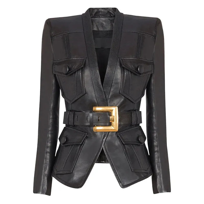 Women's Slim Fit Belted Faux Leather Motorcycle Jacket