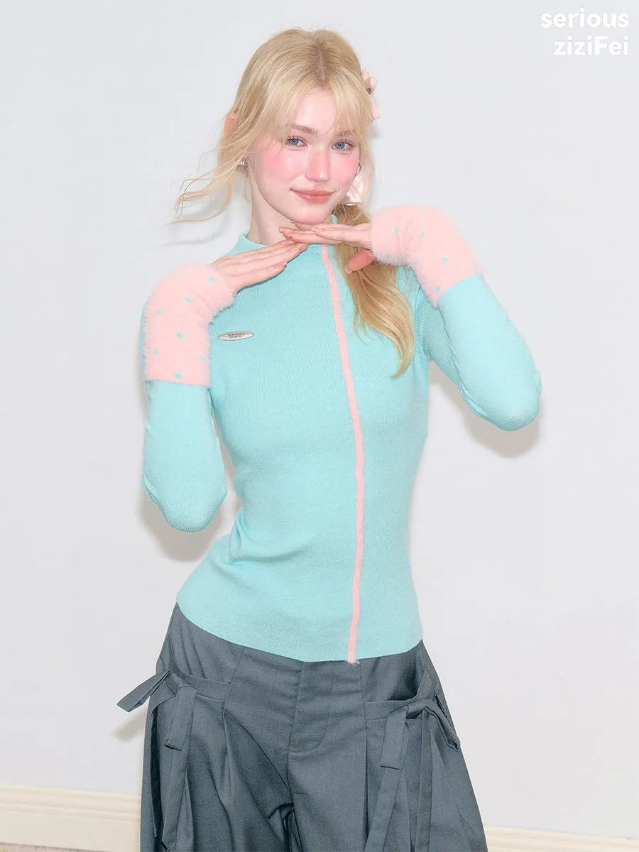 Women's Slim Fit Contrast Mock Neck Base Layer Knit Sweater