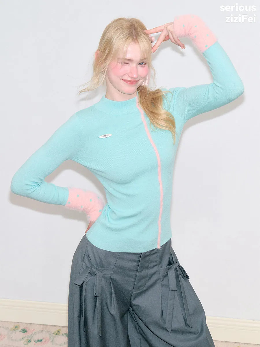 Women's Slim Fit Contrast Mock Neck Base Layer Knit Sweater