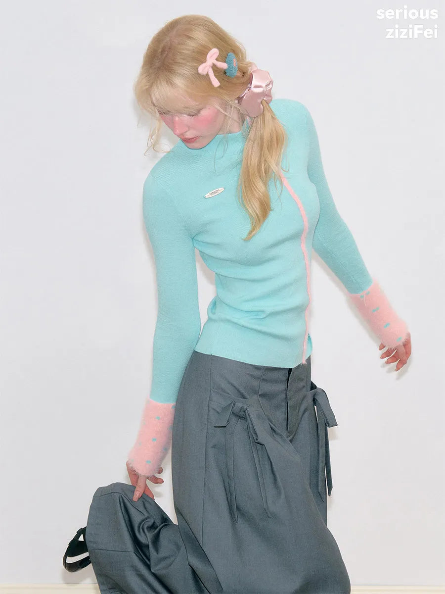 Women's Slim Fit Contrast Mock Neck Base Layer Knit Sweater