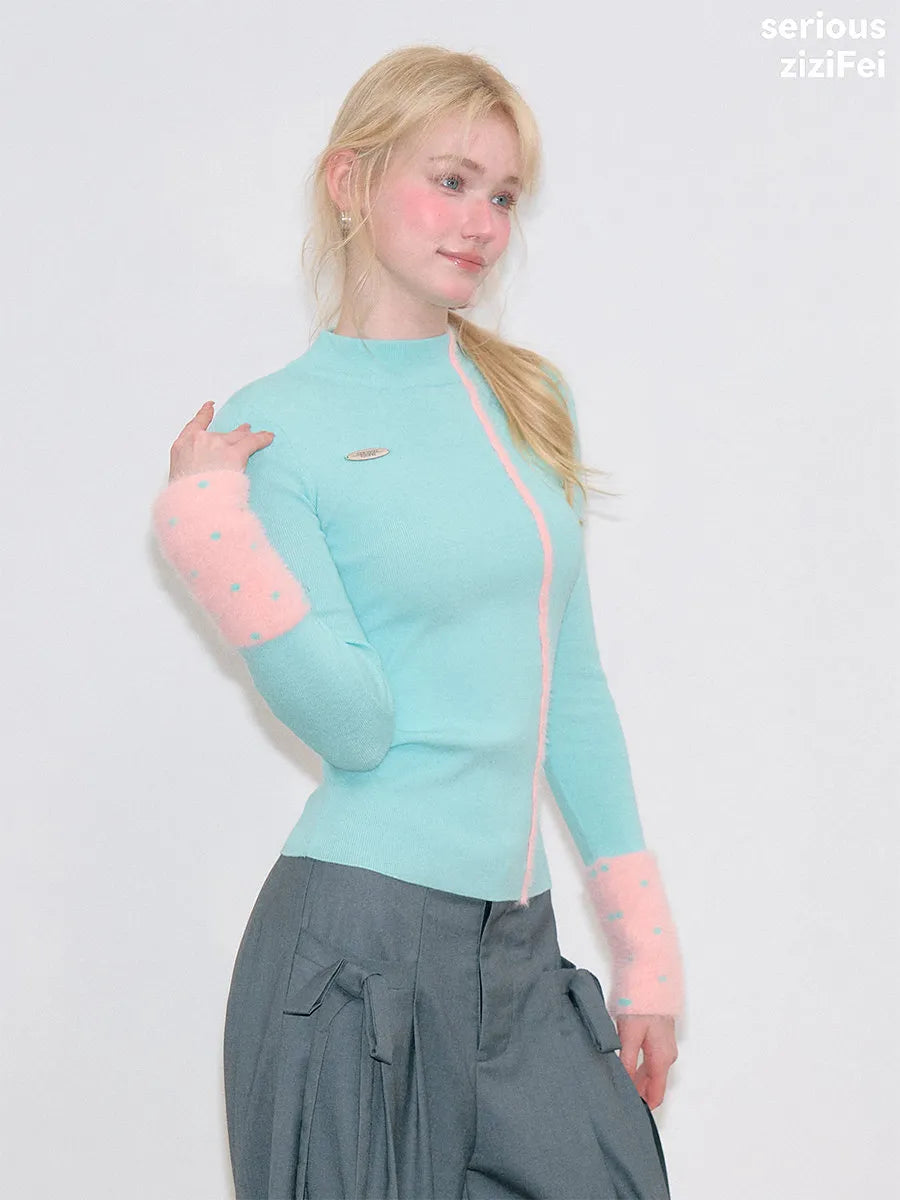 Women's Slim Fit Contrast Mock Neck Base Layer Knit Sweater