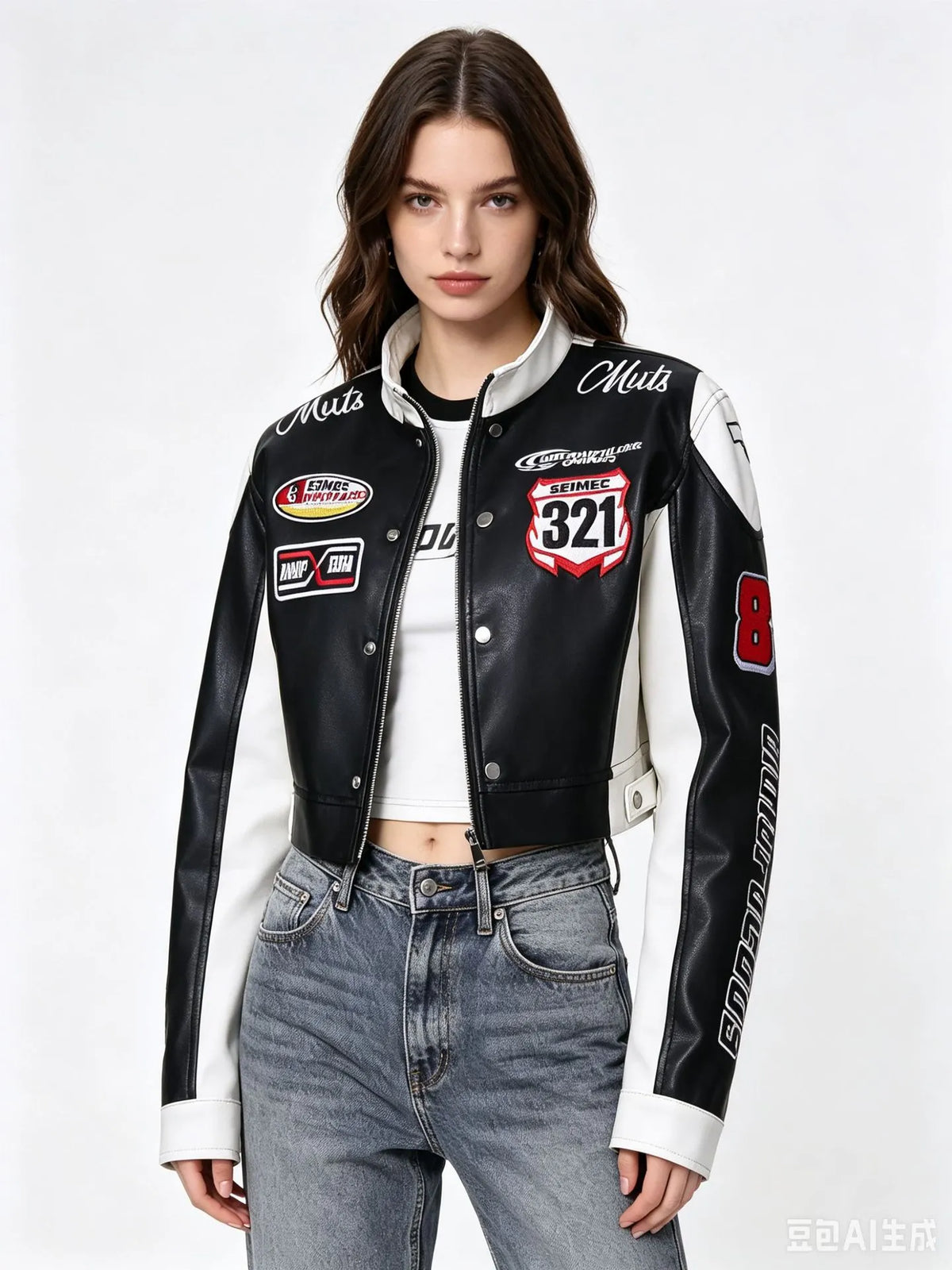 Women's Slim Fit Embroidered PU Leather Stand Collar Zipper Jacket