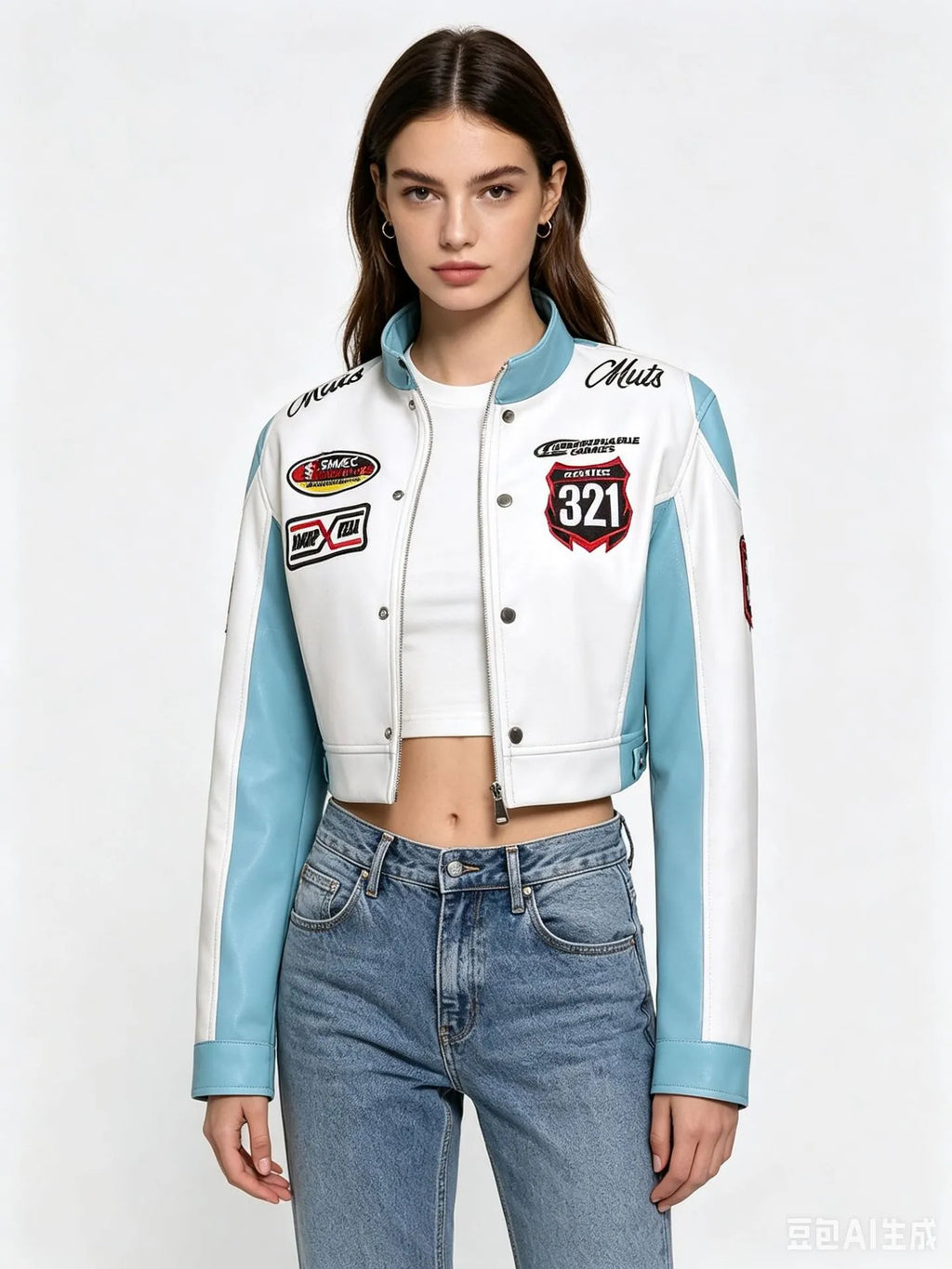 Women's Slim Fit Embroidered PU Leather Stand Collar Zipper Jacket