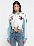 Women's Slim Fit Embroidered PU Leather Stand Collar Zipper Jacket