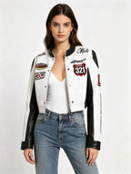 Women's Slim Fit Embroidered PU Leather Stand Collar Zipper Jacket