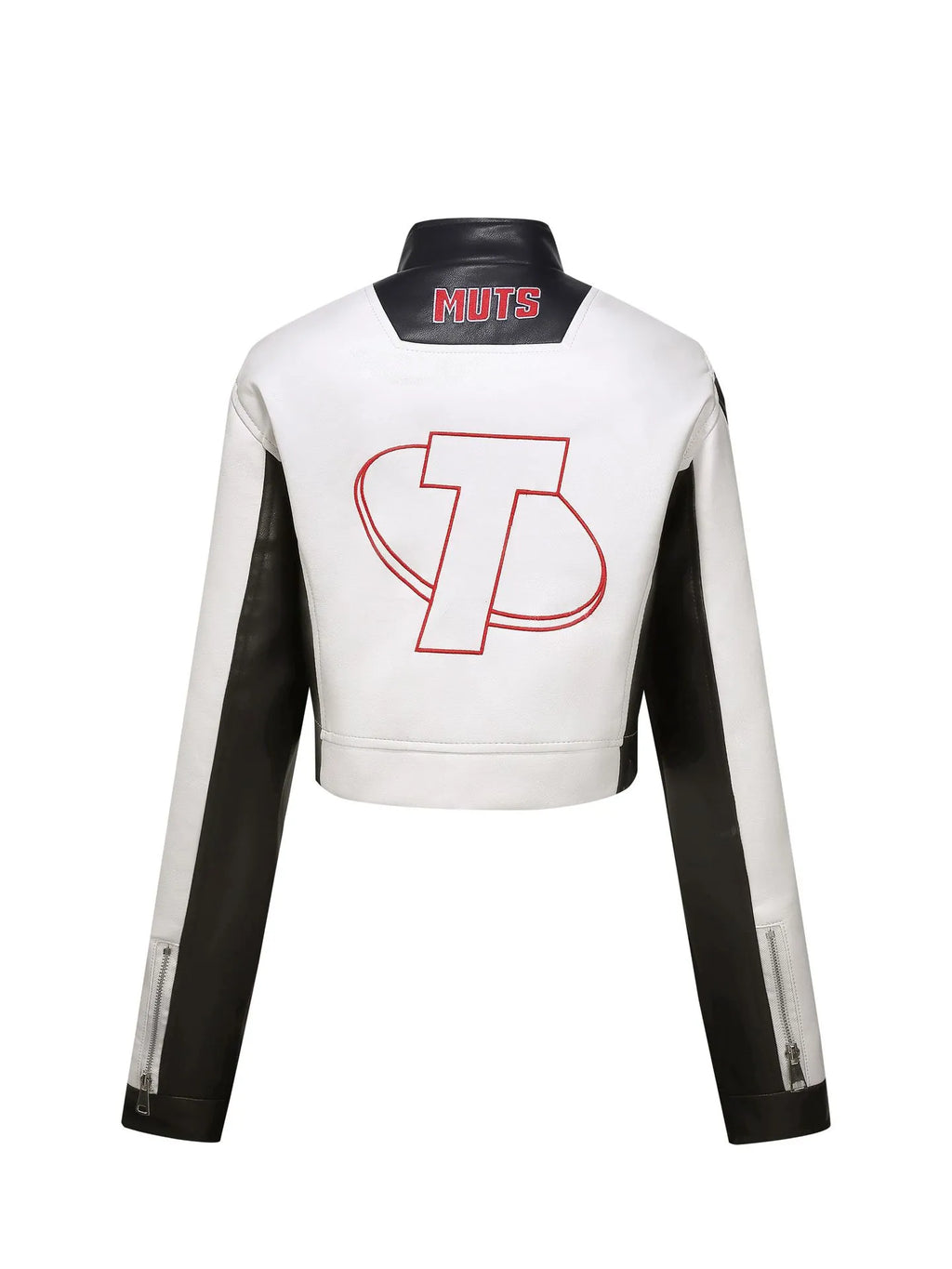Women's Slim Fit Embroidered PU Leather Stand Collar Zipper Jacket