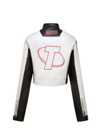 Women's Slim Fit Embroidered PU Leather Stand Collar Zipper Jacket