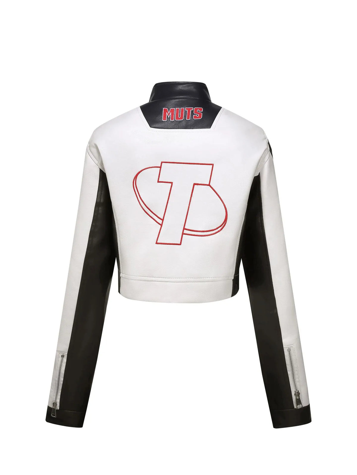 Women's Slim Fit Embroidered PU Leather Stand Collar Zipper Jacket