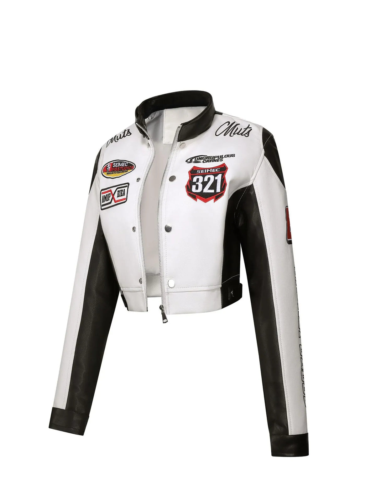 Women's Slim Fit Embroidered PU Leather Stand Collar Zipper Jacket