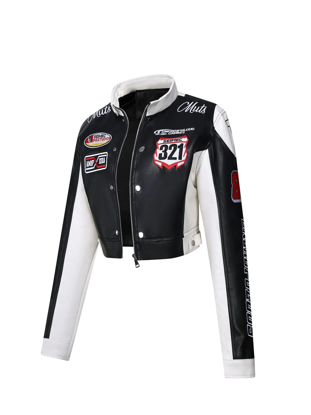 Women's Slim Fit Embroidered PU Leather Stand Collar Zipper Jacket