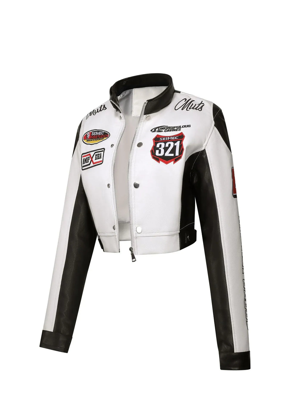 Women's Slim Fit Embroidered PU Leather Stand Collar Zipper Jacket
