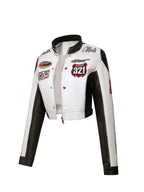 Women's Slim Fit Embroidered PU Leather Stand Collar Zipper Jacket