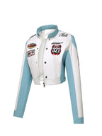 Women's Slim Fit Embroidered PU Leather Stand Collar Zipper Jacket