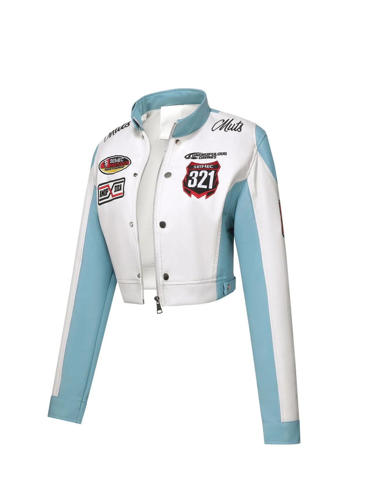 Women's Slim Fit Embroidered PU Leather Stand Collar Zipper Jacket