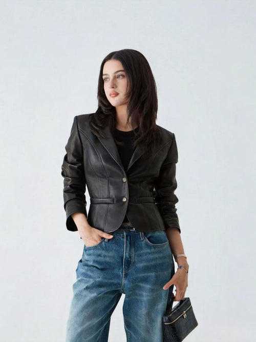 Women's Slim Fit Faux Leather Jacket Lapel Collar Long Sleeve