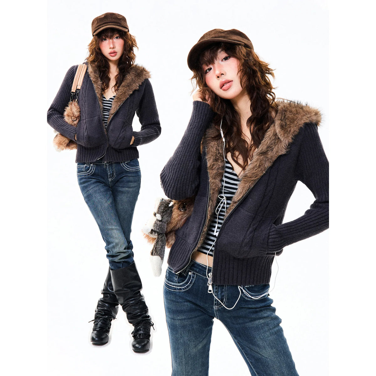 Women's Slim Fit Hooded Knitted Warm Cardigan Sweater Jacket