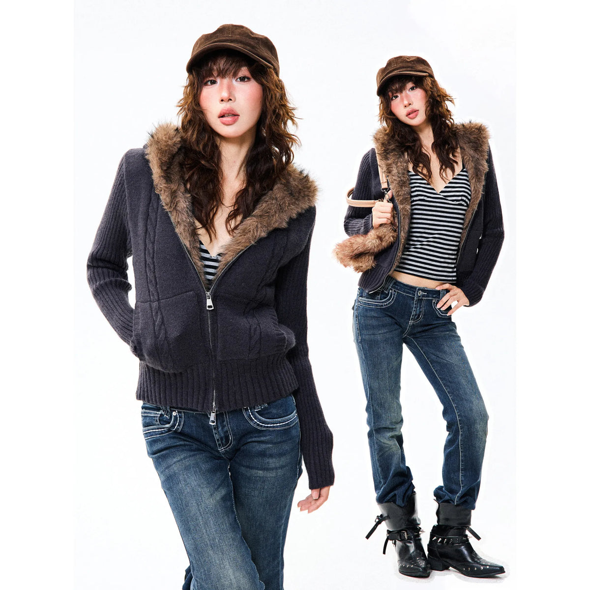 Women's Slim Fit Hooded Knitted Warm Cardigan Sweater Jacket