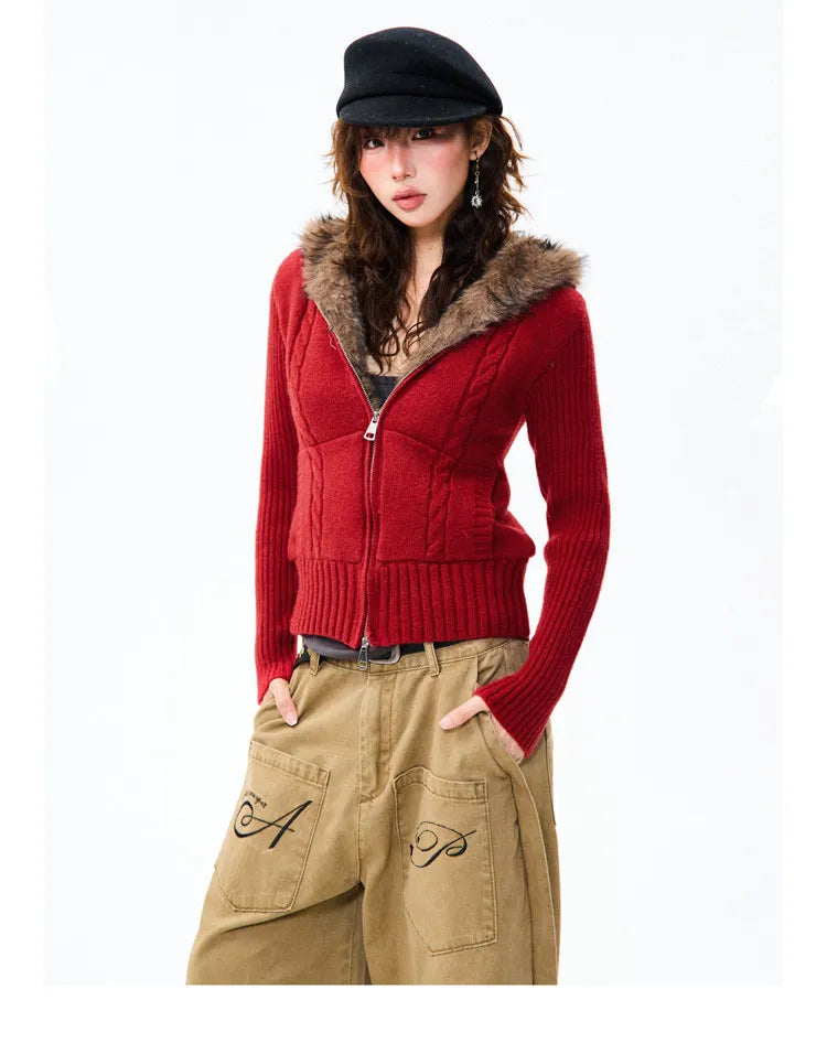 Women's Slim Fit Hooded Knitted Warm Cardigan Sweater Jacket