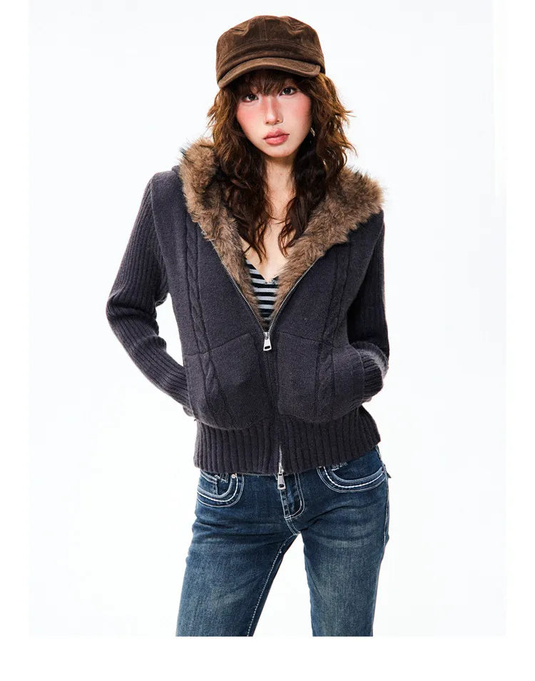 Women's Slim Fit Hooded Knitted Warm Cardigan Sweater Jacket