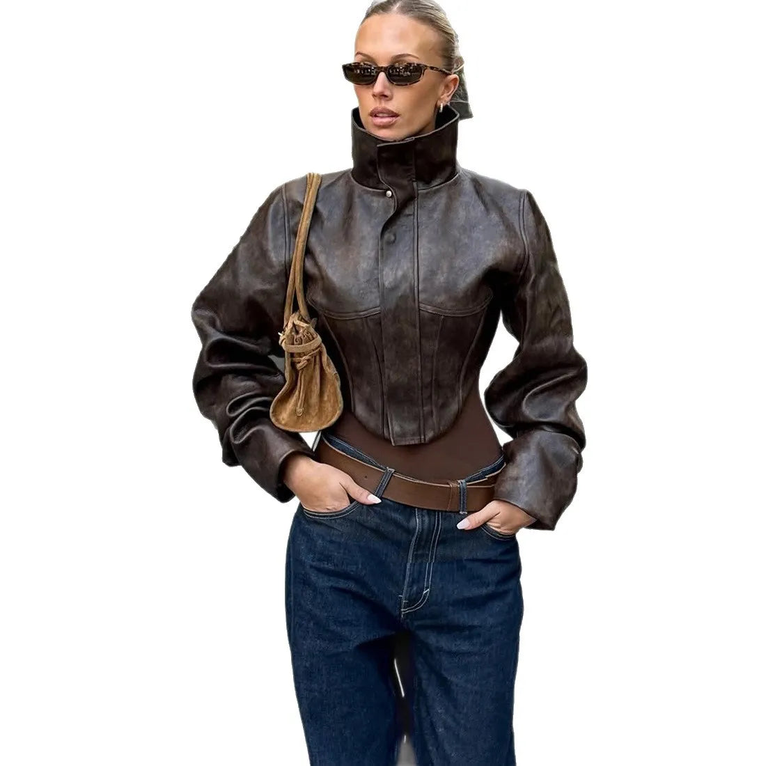 Women's Slim Fit PU Leather Stand Collar Zipper Jacket
