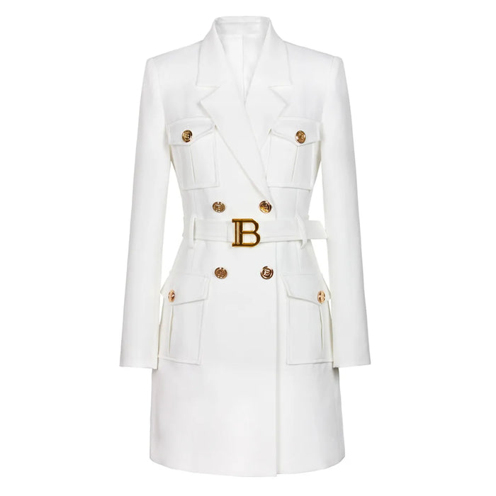 Women's Solid Color Belted Mini Dress | Double Breasted Jacket