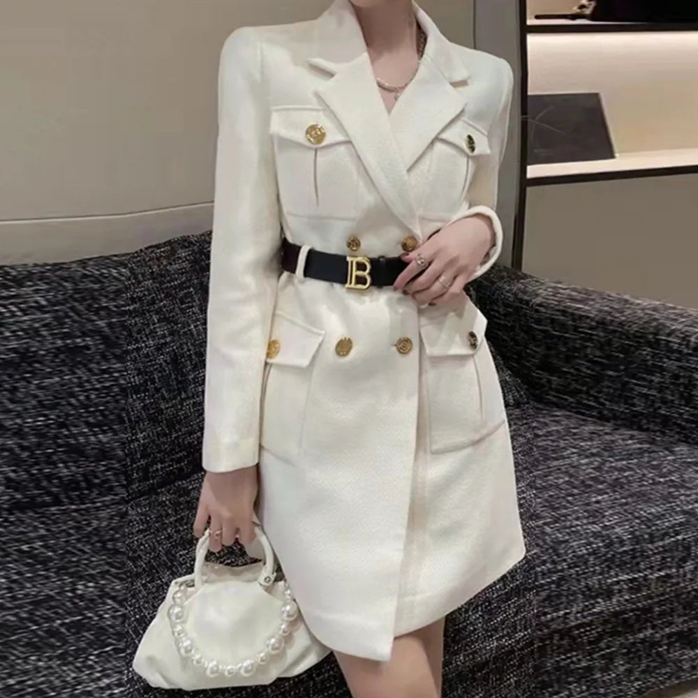 Women's Solid Color Belted Mini Dress | Double Breasted Jacket