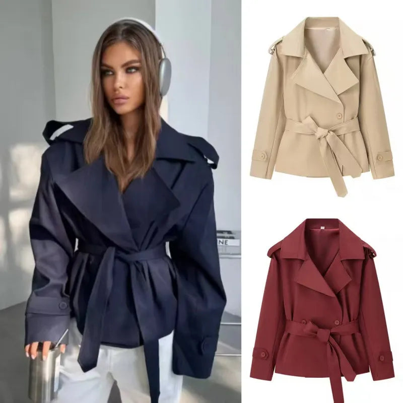 Women's Solid Color Belted Short Trench Coat Jacket