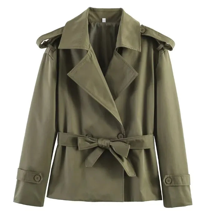 Women's Solid Color Belted Short Trench Coat Jacket